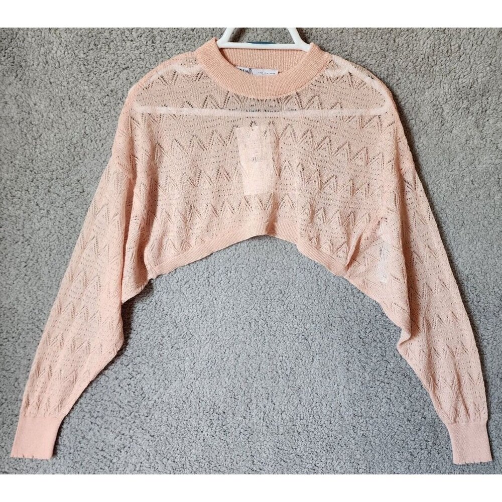 NEW Zara Women's Long Sleeve Cropped Lightweight Sheer Knit Sweater Top Pink M